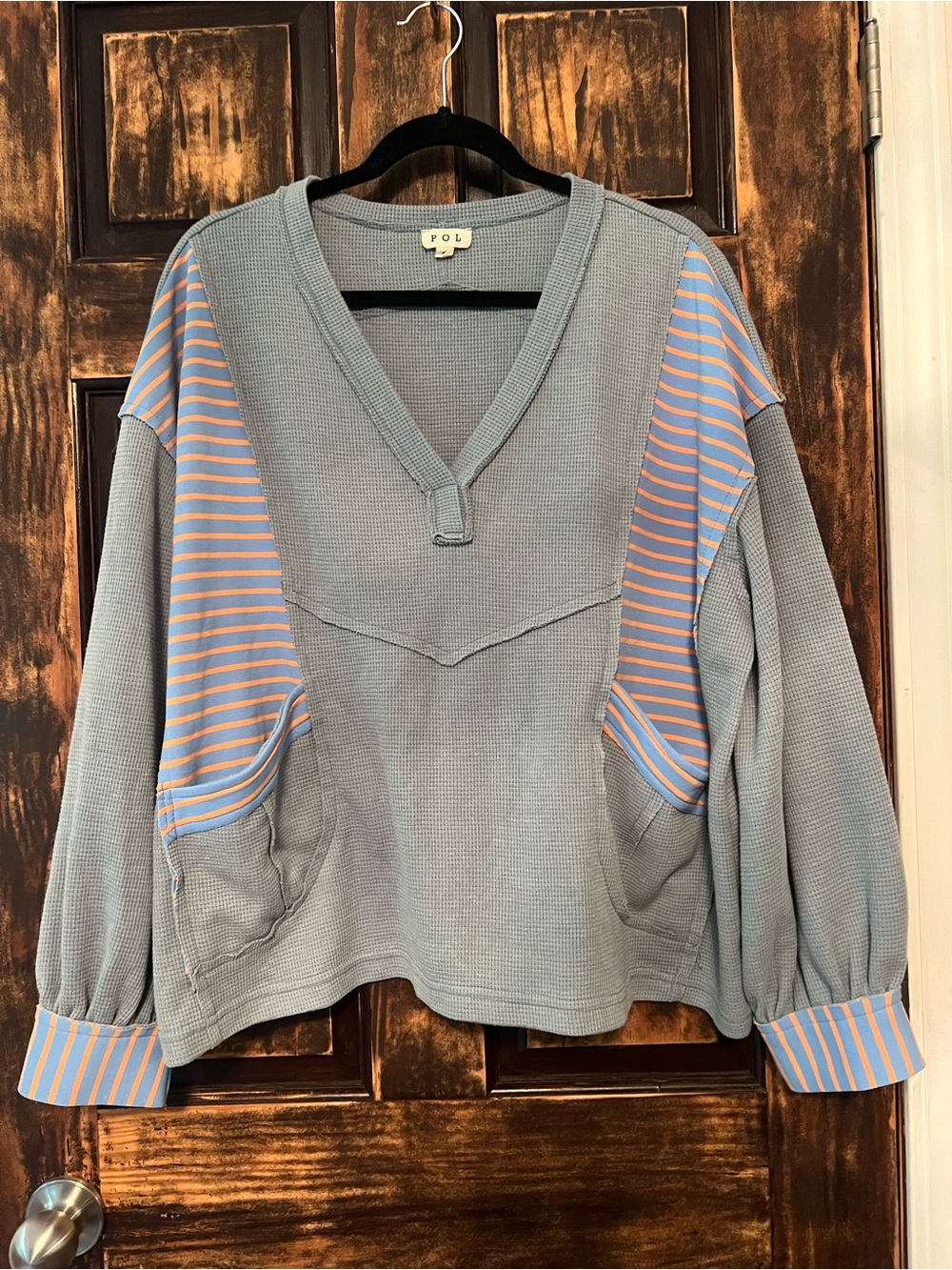 POL Women's V-Neck Sweater in Light Blue with Peach Stripes